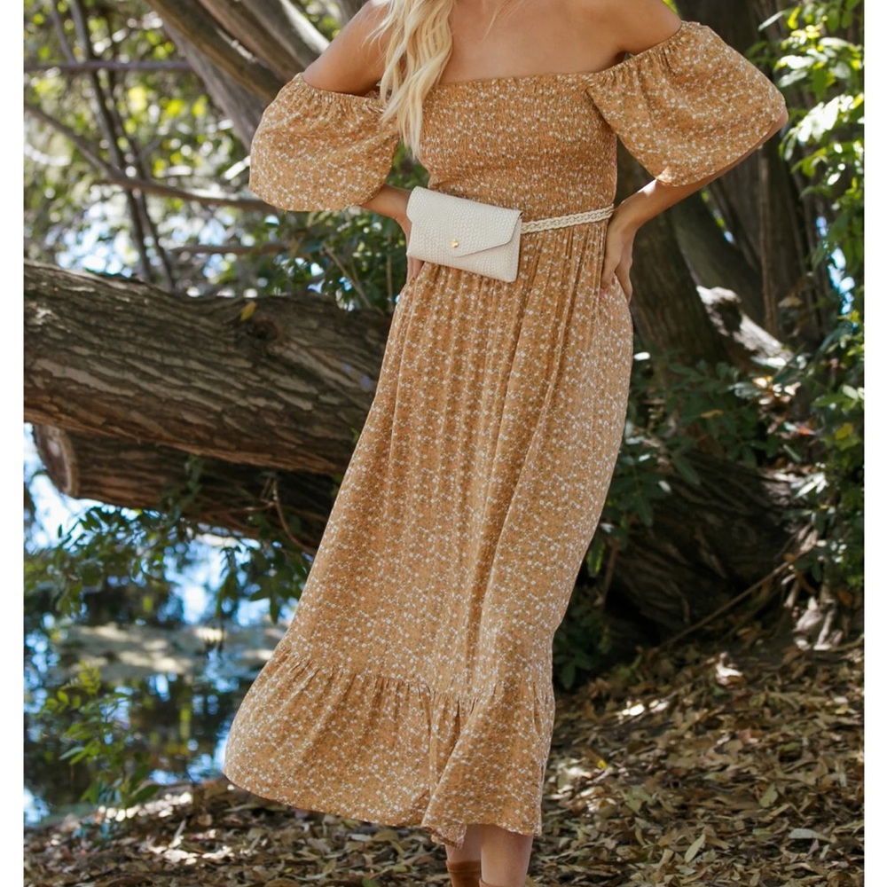 Pink Blush Maternity Mustard Floral Smocked Maternity Maxi Dress